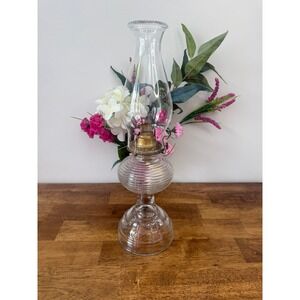Antique Oil Lamp Ribbed Glass Rib and Plume Pattern Pink UV Glow Kerosene Lamp
